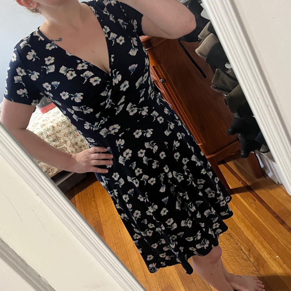 Short sleeve dark blue floral wrap dress